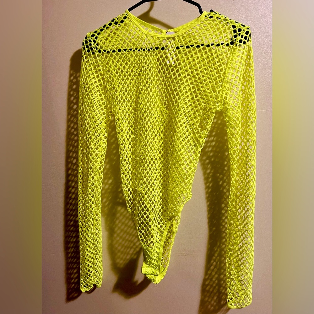 Neon green fishnet long sleeve bodysuit